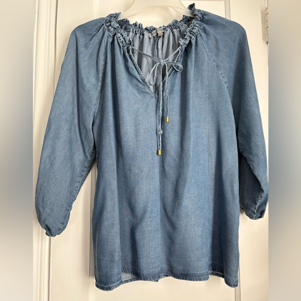 Alex & Parker Chambray Denim Tie-Neck Blouse with Balloon Sleeves, size: Large